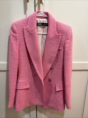 ZARA Pink Tweed Double-Breasted Blazer Jacket